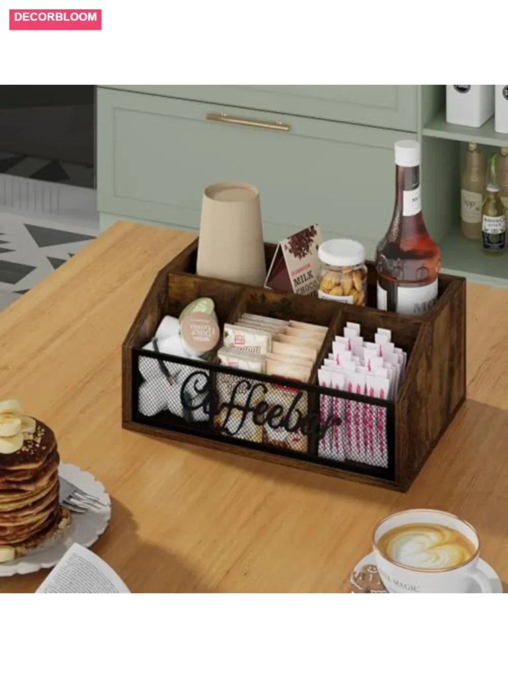 Wood Coffee Station Organizer with Removable Dividers, Coffee Pod Holder, Syrup